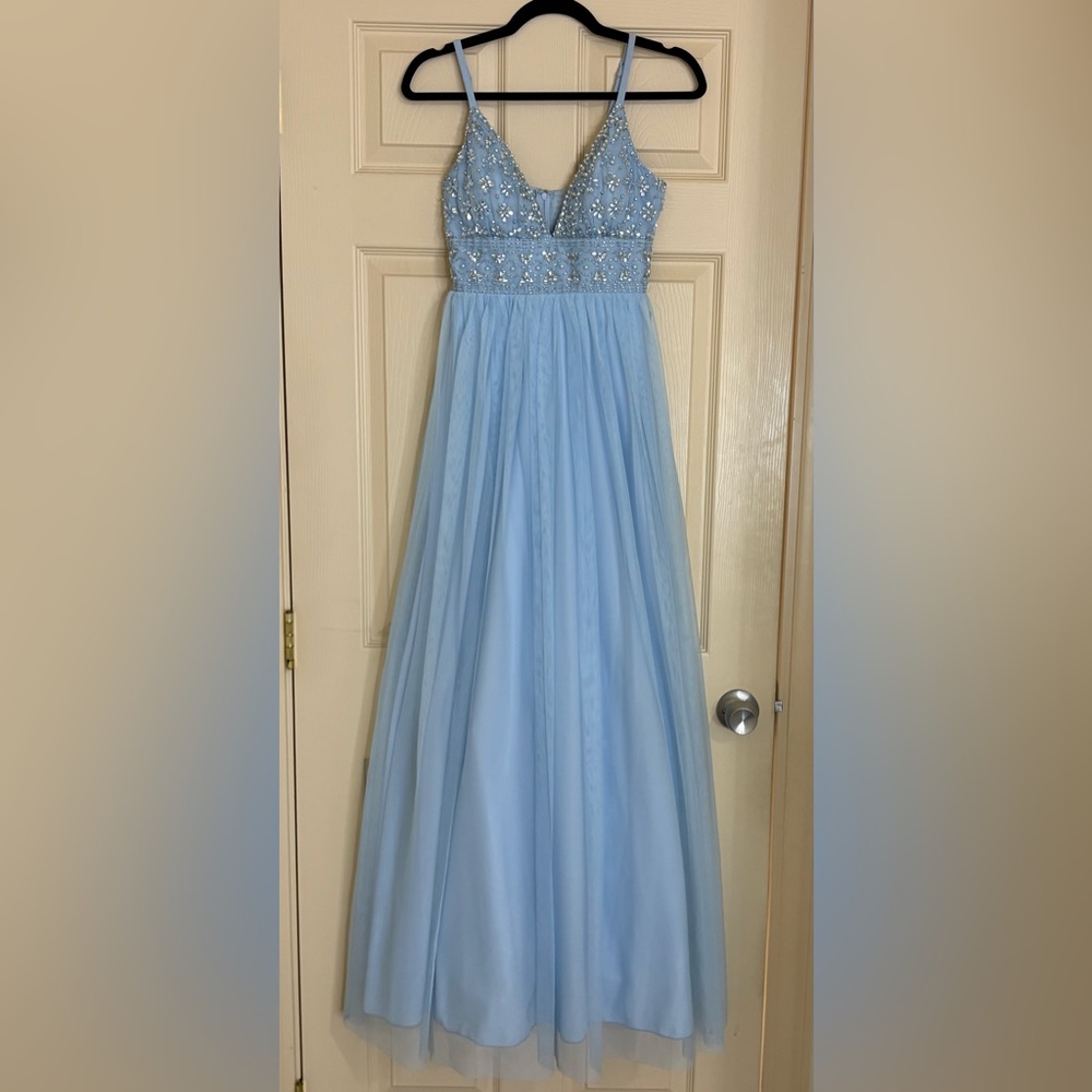 Light Blue Long Flowing Dress | Beaded Bodice | Formal Gown